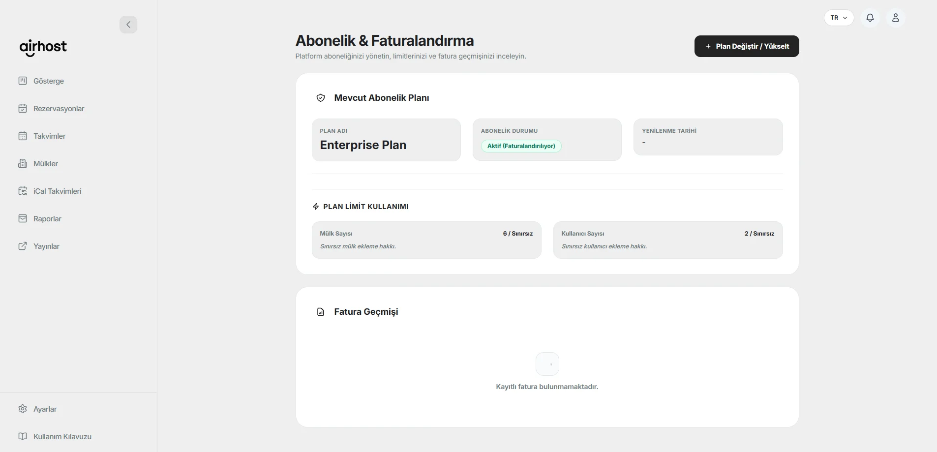 AirHost Abonelik Planı, Mülk Kotaları ve Fatura Geçmişi